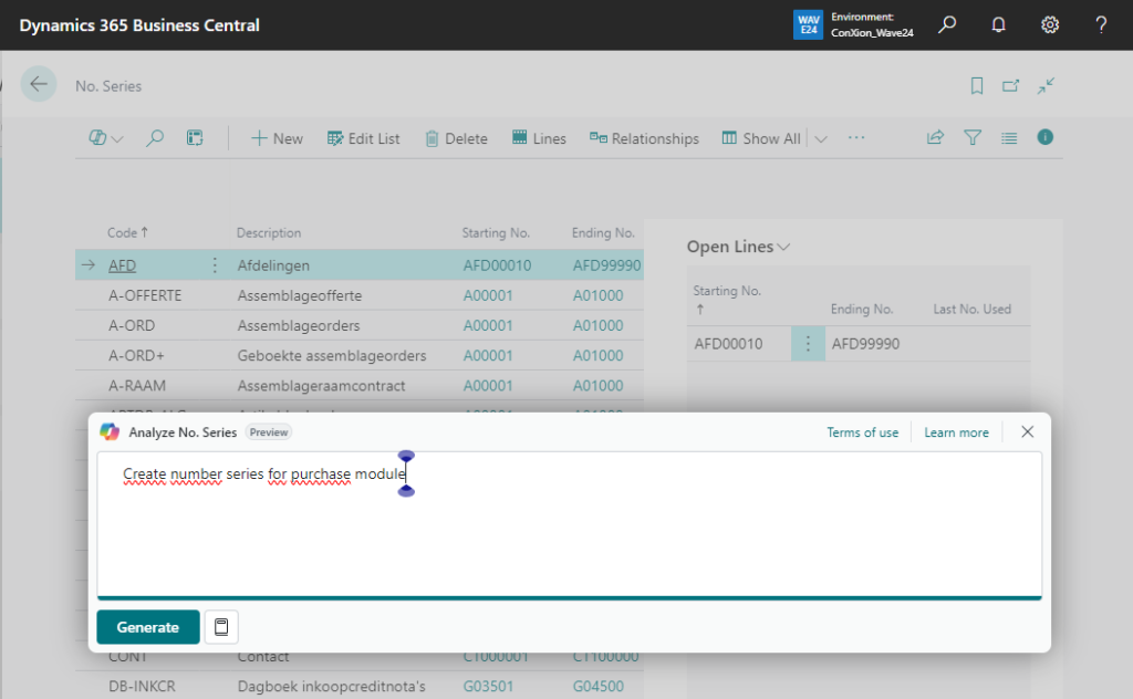 Nummerreeksen voorstellen met Copilot​ in Business Central​